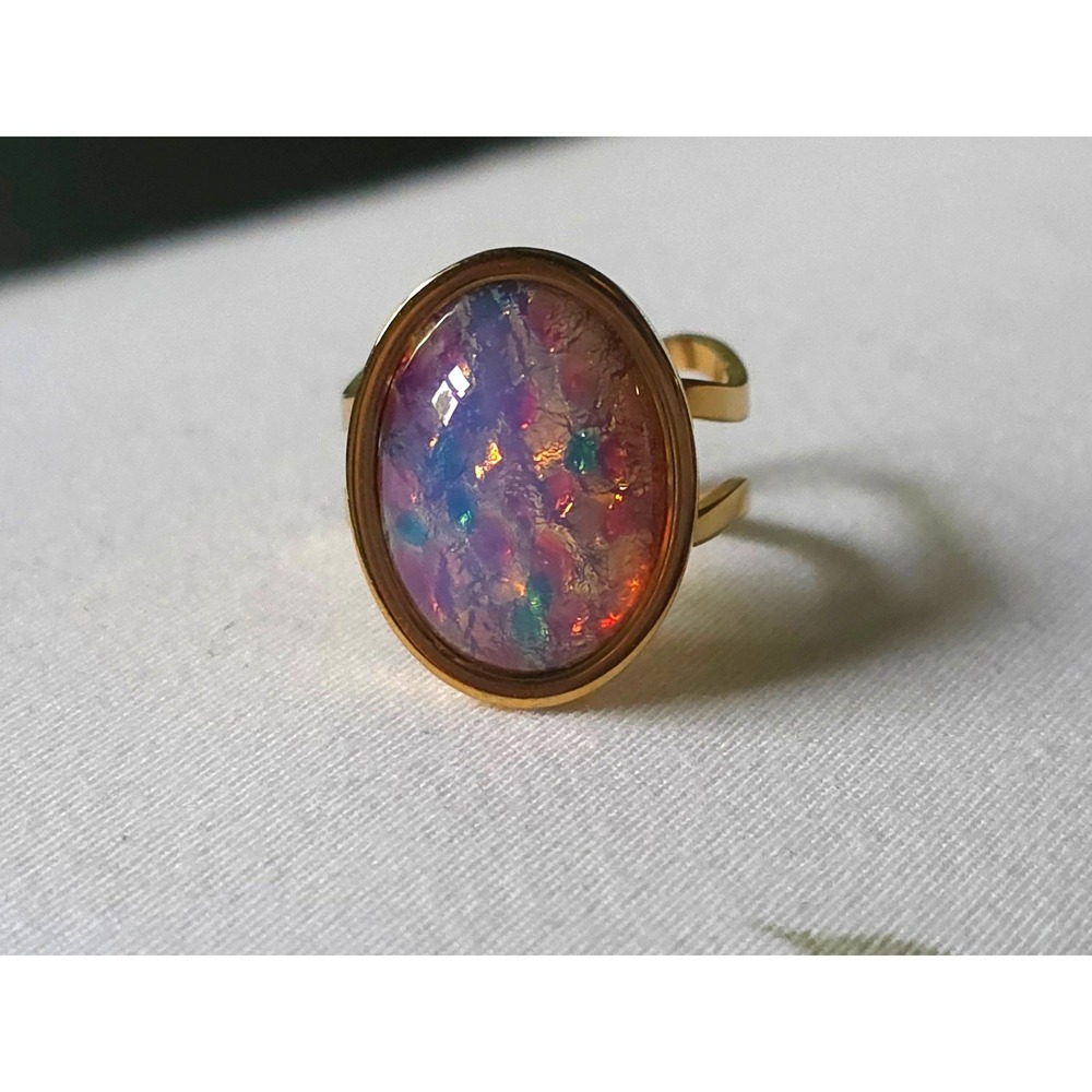 Vintage Gold Tone Faux Opal Adjustable Ring Oval Cabochon Multi Color Fire 7.25